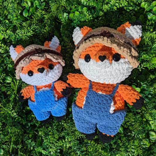 Jumbo or Regular Farmer Fox Crochet Plushie (removable accessories)