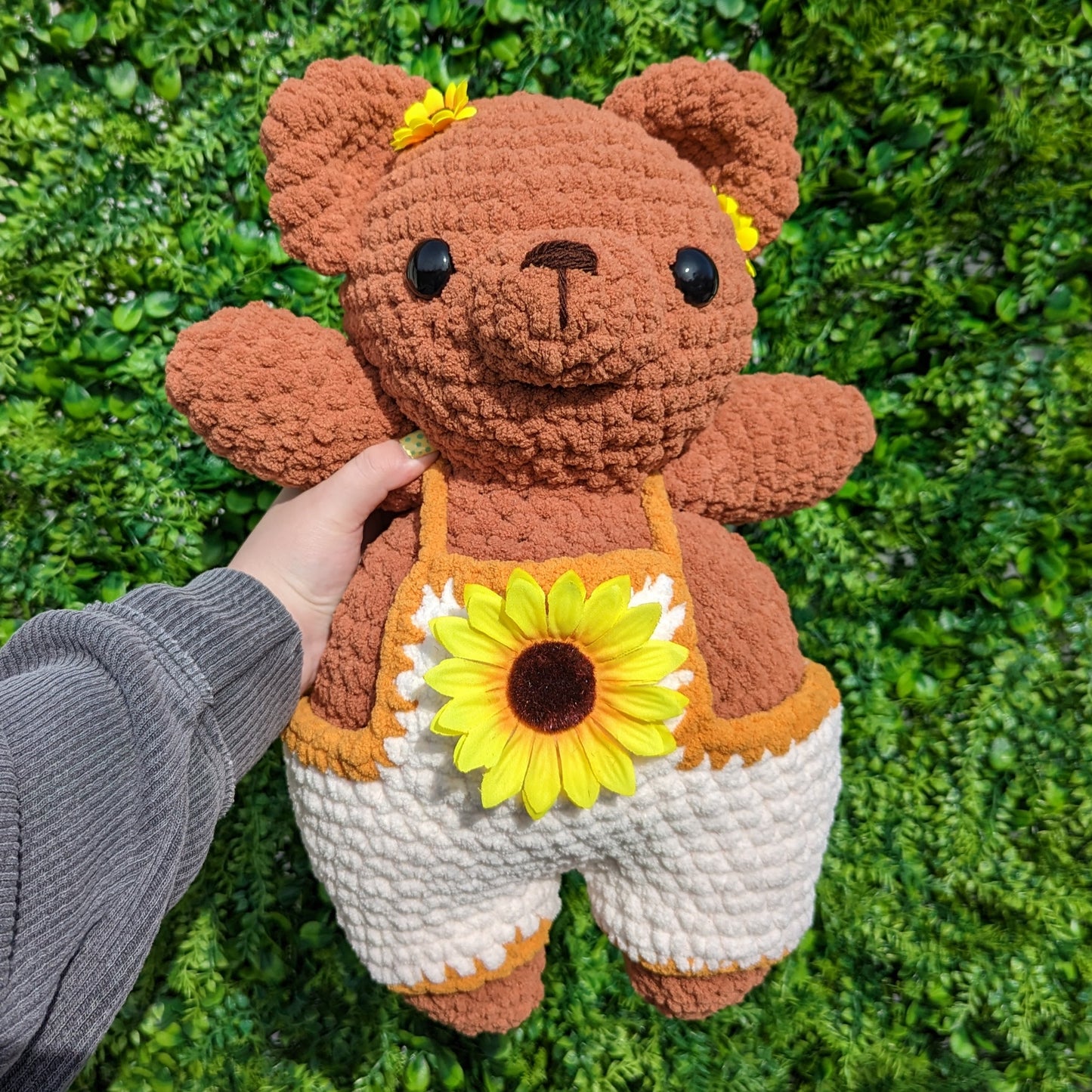 Jumbo Sunflower Teddy Bear in Overalls Crochet Plushie (removable accessories) [Archived]