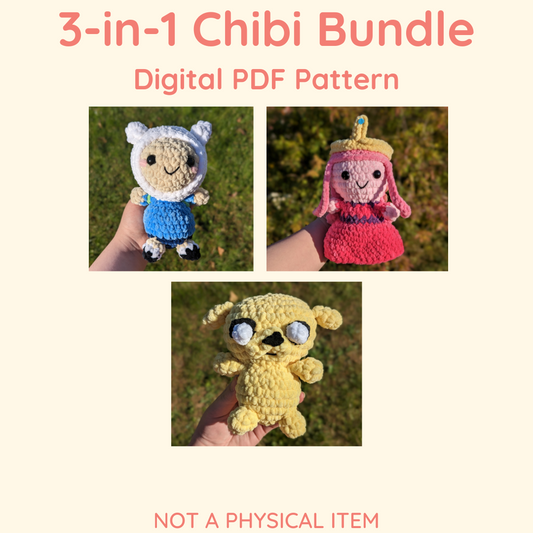 3-in-1 Adventure Time Chibi Style Crochet Pattern Bundle - Finn, Jake, Princess Bubblegum // NOT PHYSICAL ITEM